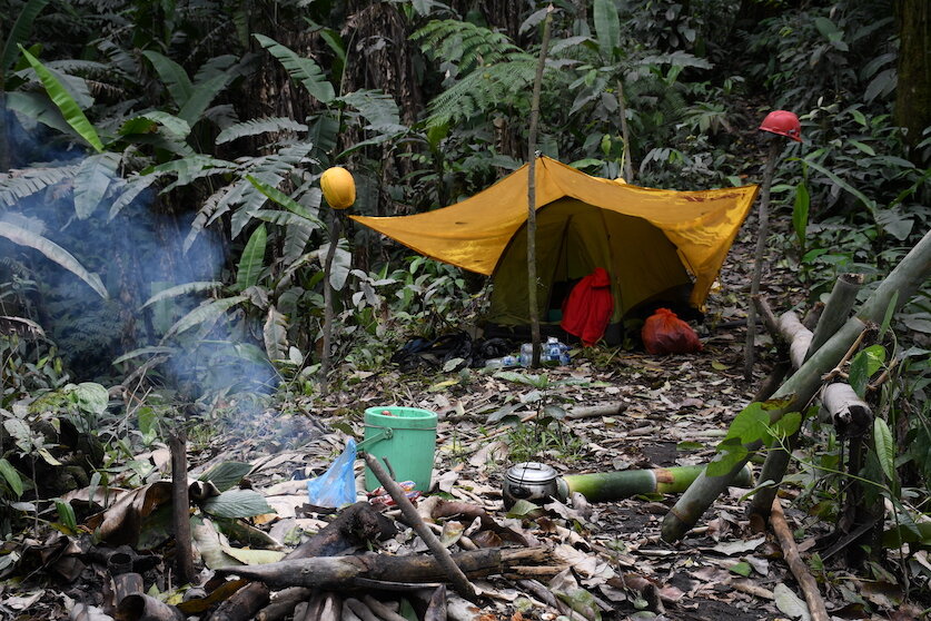 Moluccas, Halmahera: Jungle tent camp with camp fire
