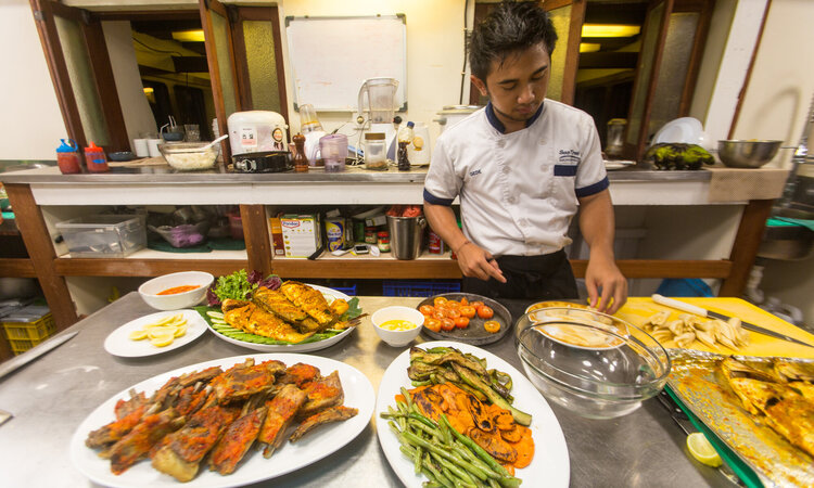 Ship's galley of the Ombak Putih on your sailing tour through Indonesia East of the Wallace Line
