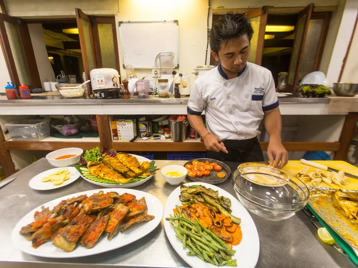 Ship's galley of the Ombak Putih on your sailing tour through Indonesia East of the Wallace Line
