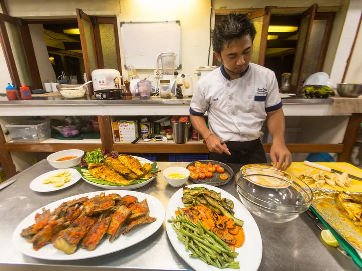 Ship's galley of the Ombak Putih on your sailing tour through Indonesia East of the Wallace Line