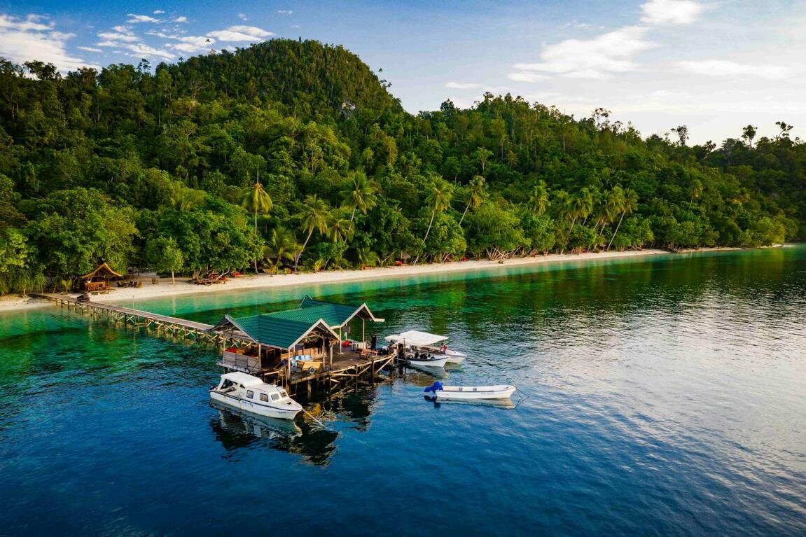  Indonesia, Raja Ampat Biodiversity Nature Resort: Jetty, beach & palm trees