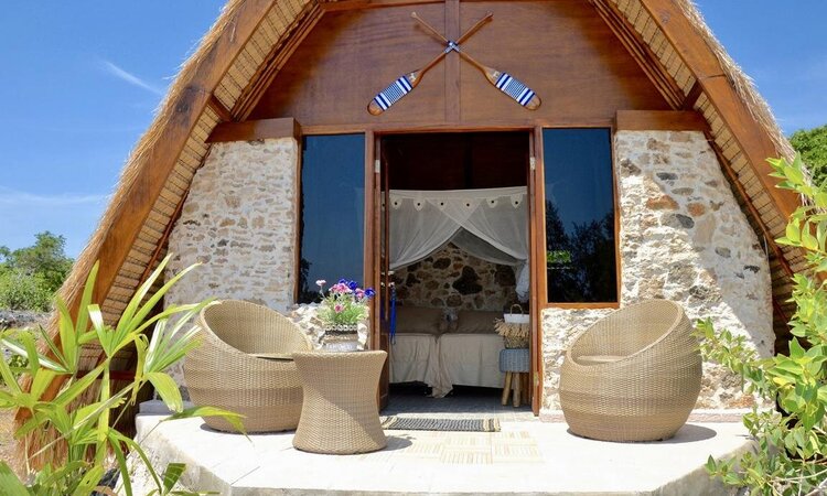 Bungalow with terrace and interior view, Eco Resort Sumba Dream, Sumba Island