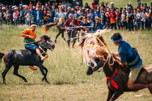 Speerkampf zu Pferd beim Pasola Festival, dem kulturellen Highlight der Insel Sumba