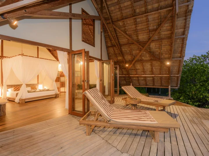 Moluccas - Halmahera: Kusu Island Resort - Ocean Villa terrace & interior view