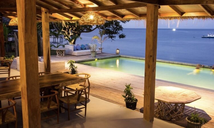 View from Kalimaya Dive Resort Restaurant; Lesser Sunda Islands, East Sumbawa, Komodo National Park