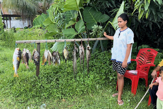 Molukken, Halmahera: Frau verkauft Fisch am Strassenrand
