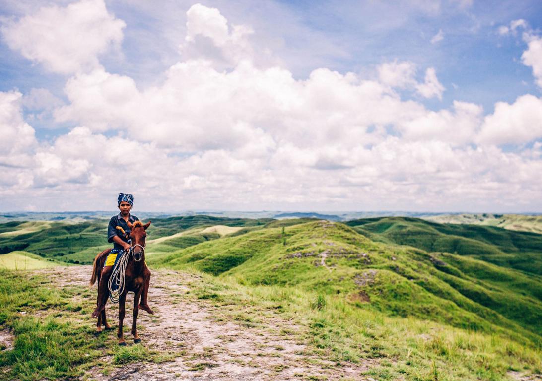 Rider on horseback in the Sumba savannah; Lesser Sunda Islands, Indonesia